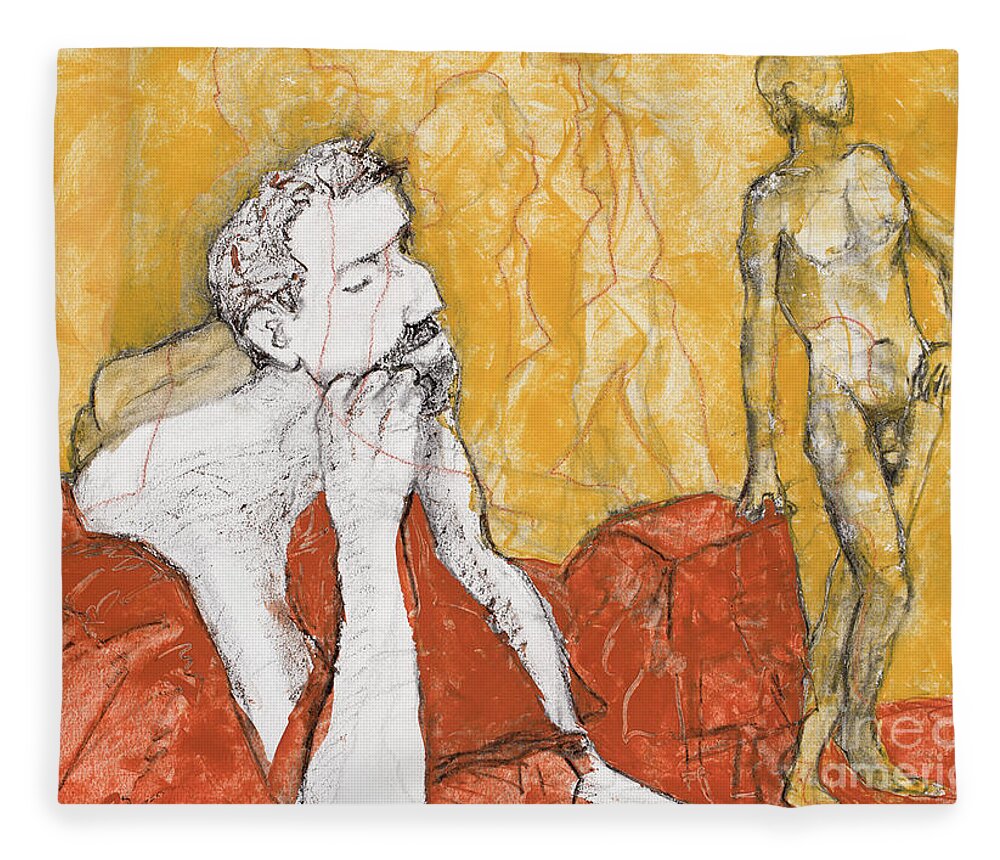 Life Drawing Fleece Blanket featuring the mixed media Heads Up by PJ Kirk