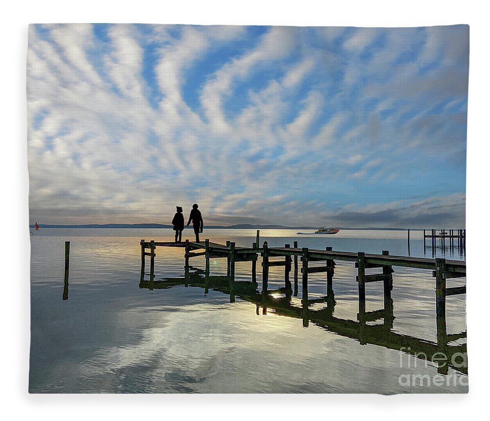 Heavenly Perception And Earthly. Wooden Pier Over Water A Surrealistic Adventure Fleece Blanket featuring the photograph Heavenly Perception by David Zanzinger