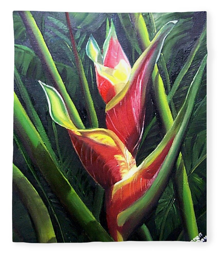 Tropical Floral Flower Heliconia Caribbean Painting Tropical Painting Botanical Painting Fleece Blanket featuring the painting Heliconia by Karin Dawn Kelshall- Best