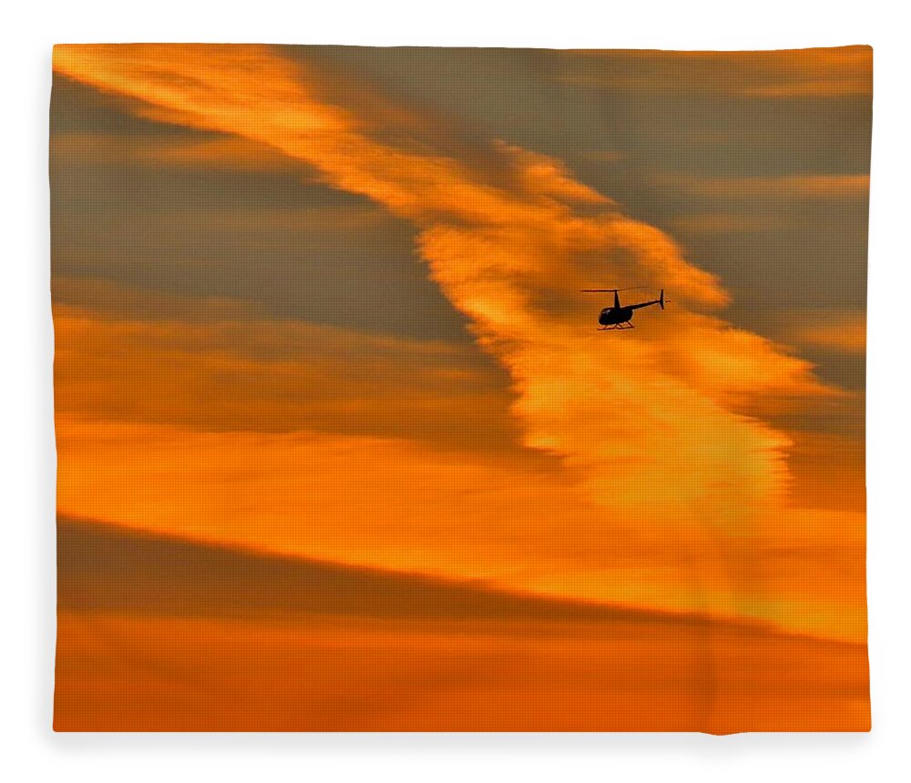 Helicopter Fleece Blanket featuring the photograph Helicopter Approaching at Sunset by Linda Stern