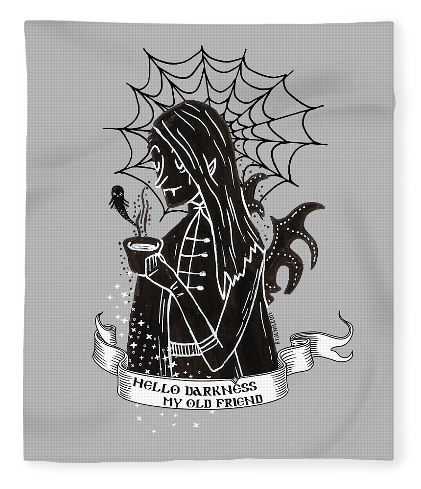 Something Wicked This Way Comes Fleece Blanket featuring the digital art Hello Darkness My Old Friend Vamp Goth with Ghost and Coffee by Jennifer Preston