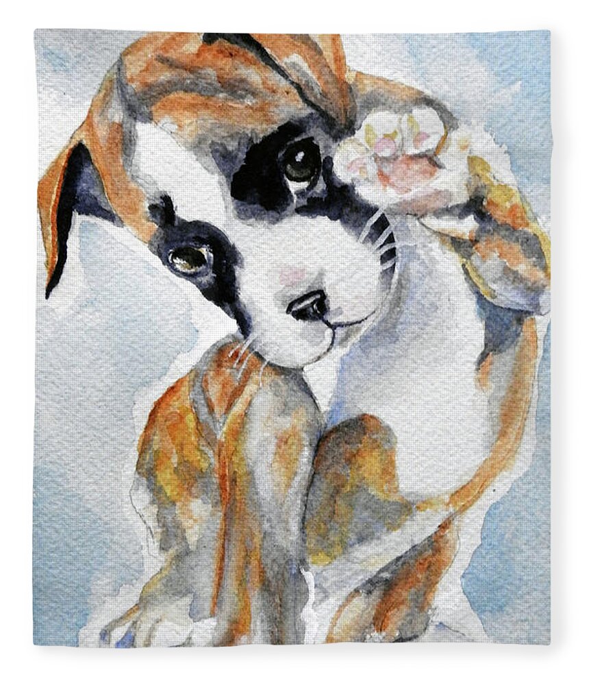 Boxer Puppy Fleece Blanket featuring the painting Hello, I think I love you by Barbara F Johnson