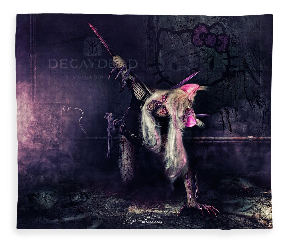 Argus Dorian Fleece Blanket featuring the digital art Hello Kitty - Hell-010-KITTY - Adorable, remorseless killing machine. by Argus Dorian