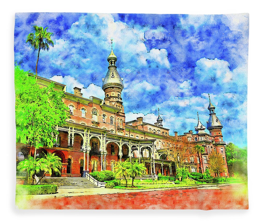 Henry B. Plant Museum Fleece Blanket featuring the digital art Henry B. Plant Museum in Tampa, Florida - pen and watercolor by Nicko Prints