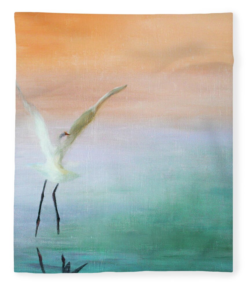 Heron Fleece Blanket featuring the painting Heron Landing by Tracy Hutchinson