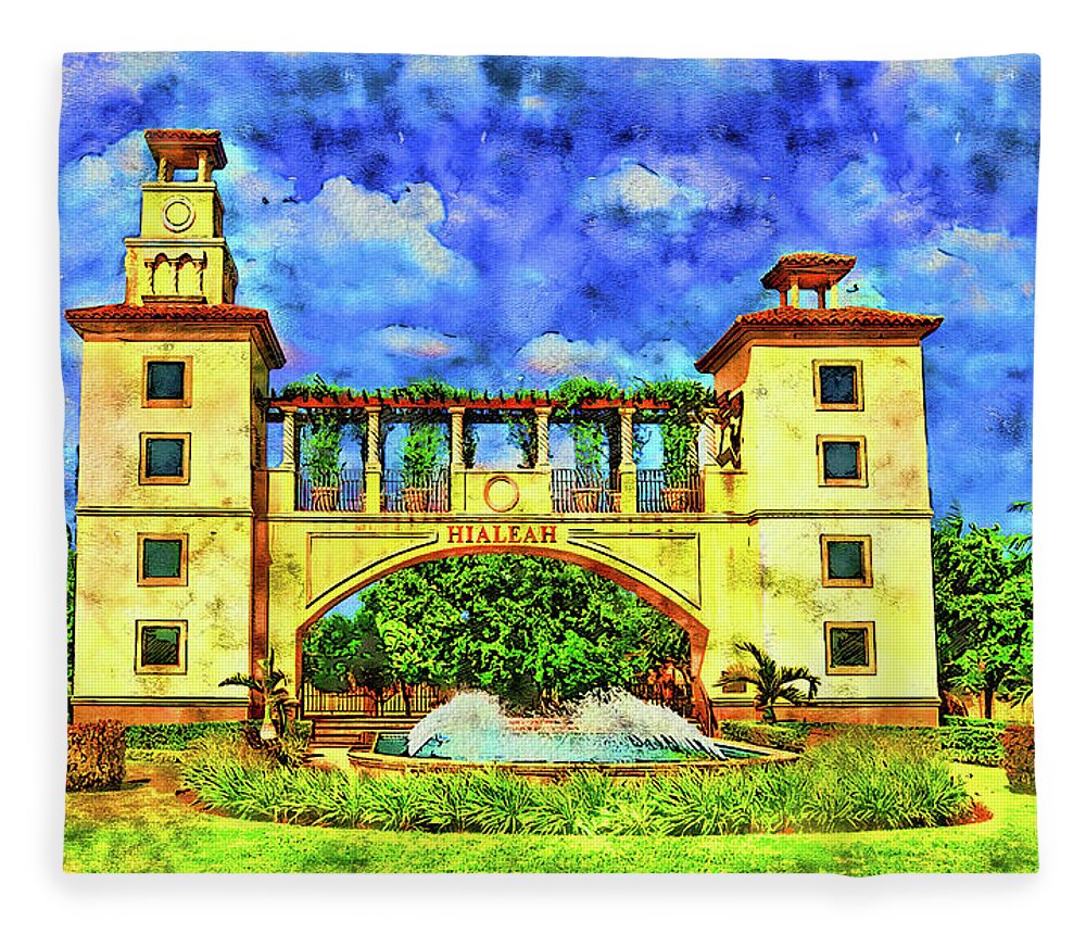 Hialeah Fountain Fleece Blanket featuring the digital art Hialeah Fountain and Entrance Plaza Park - pen and watercolor by Nicko Prints