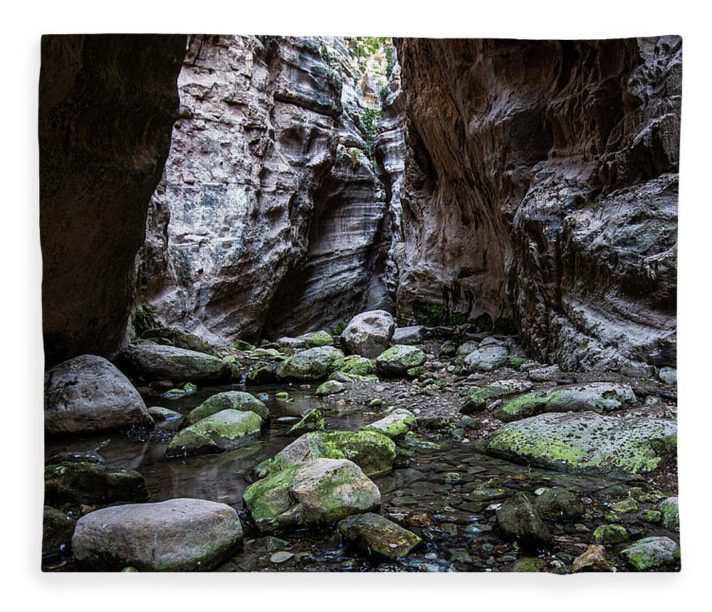 Canyon Fleece Blanket featuring the photograph Hiking path through a gorge by Michalakis Ppalis