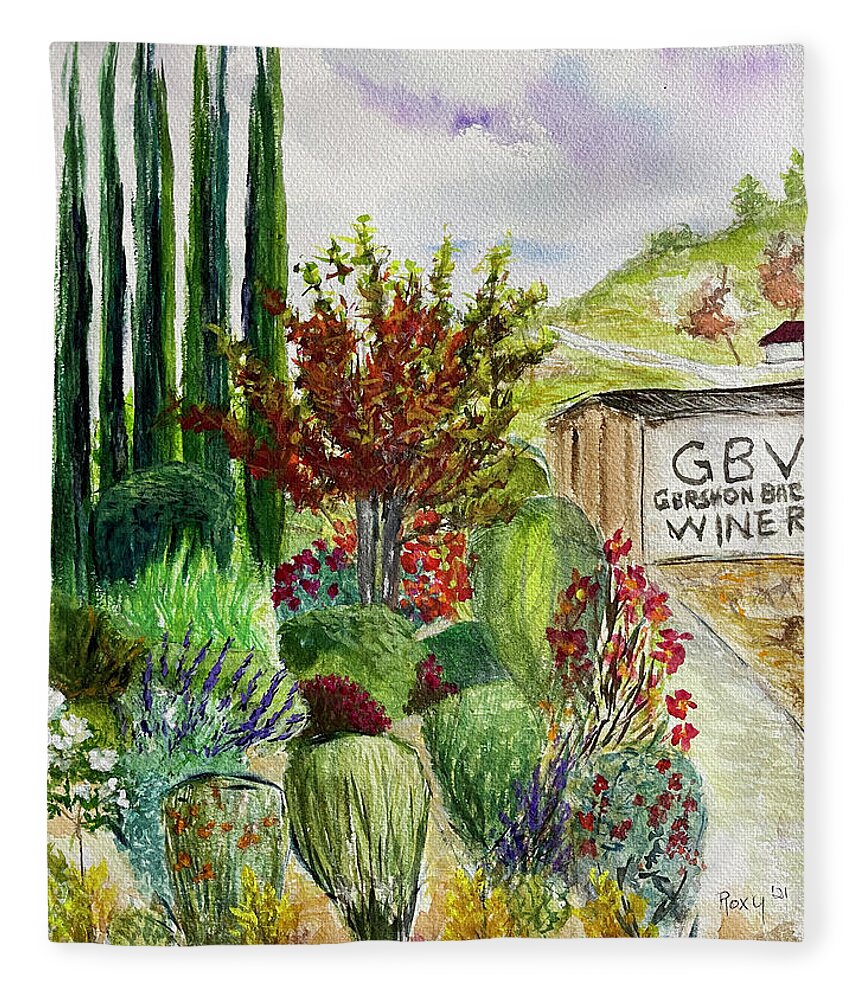 Gershon Bachus Vintners Fleece Blanket featuring the painting Hill to the Barrel Room at GBV by Roxy Rich