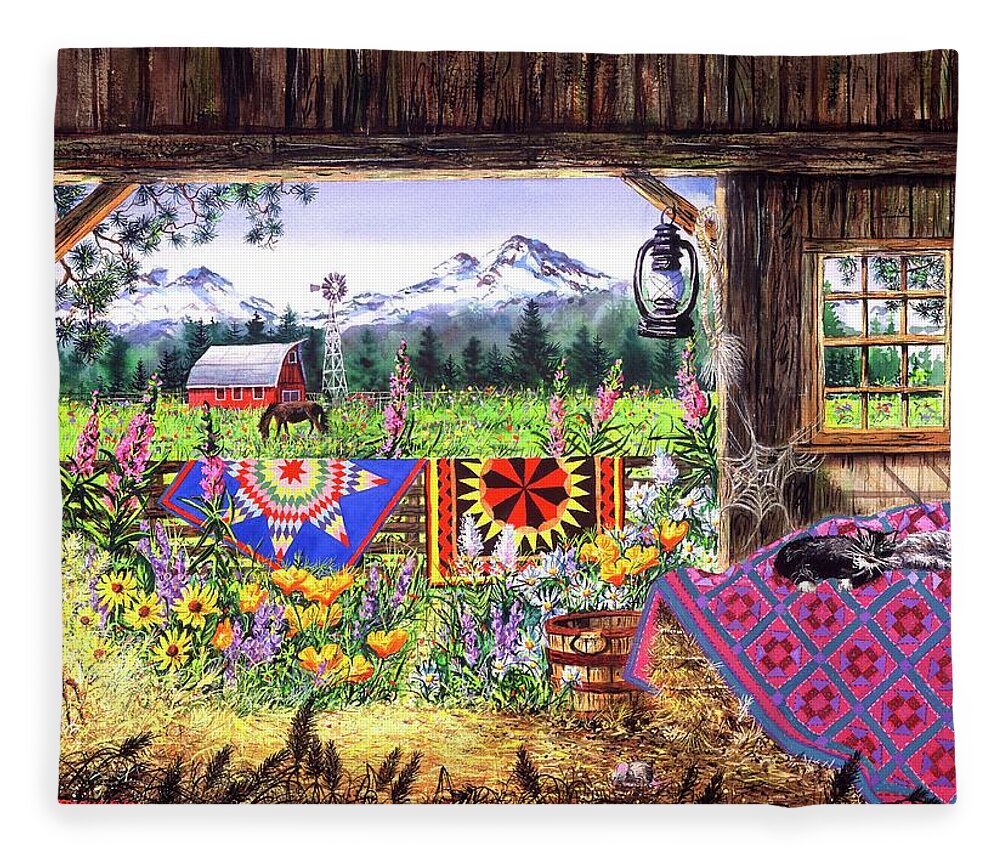 Barn Fleece Blanket featuring the painting Hole in the Barn Door by Diane Phalen
