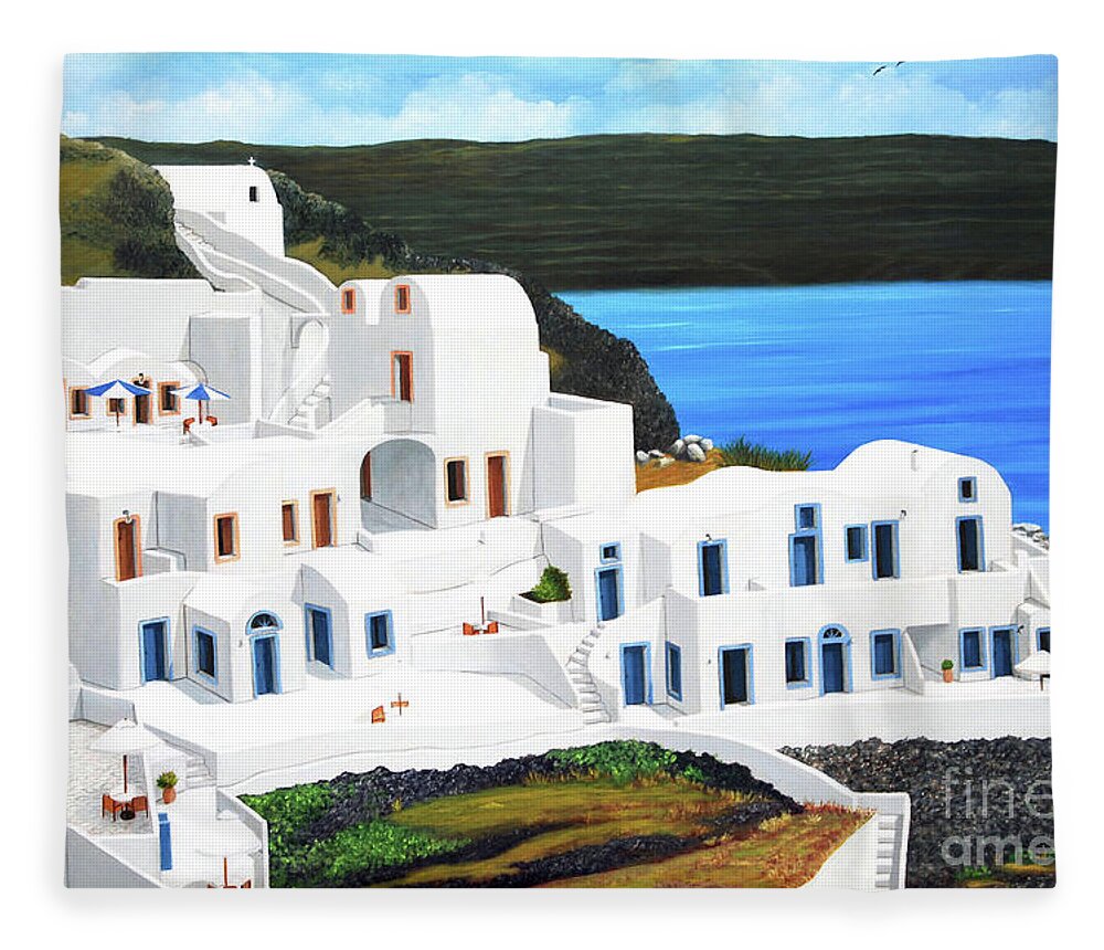 Santorini Fleece Blanket featuring the painting Holiday In Santorini by Mary Grden