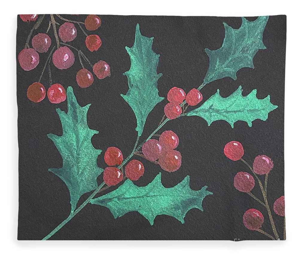 Holly Fleece Blanket featuring the painting Holly and Berries by Lisa Neuman