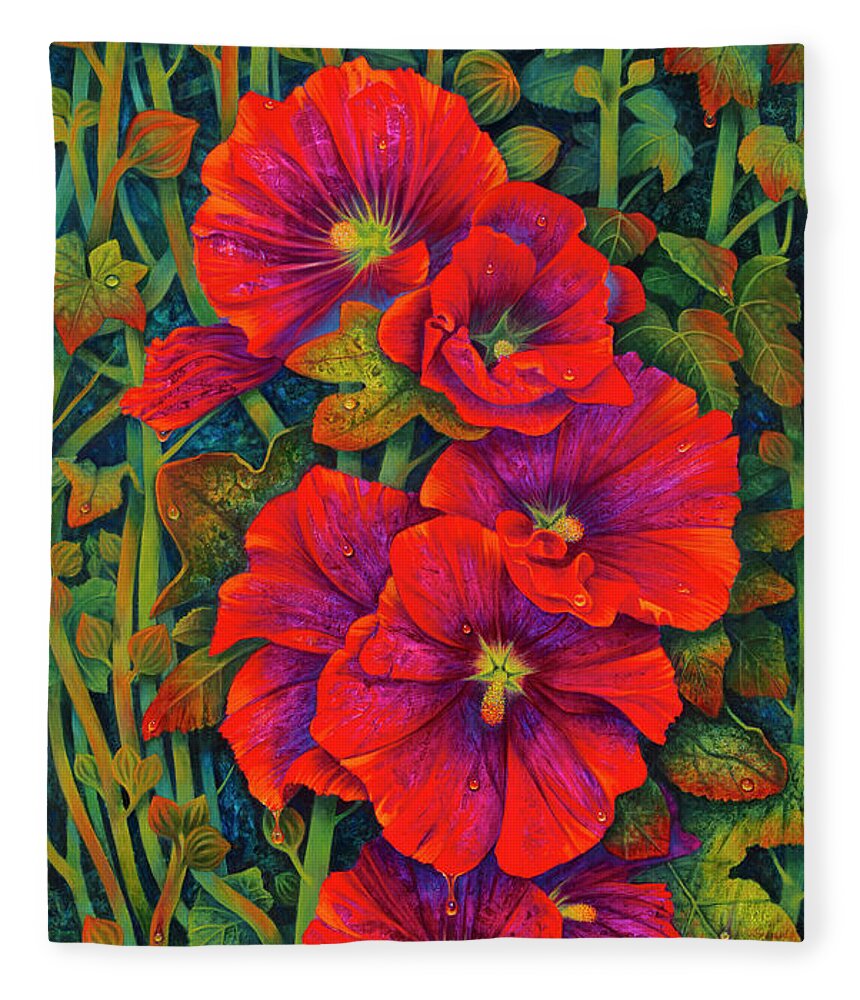 Flowers Fleece Blanket featuring the painting Hollyhocks - 3D by Ricardo Chavez-Mendez