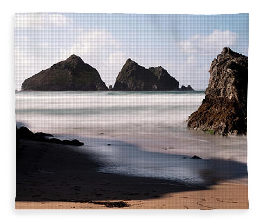 Cornwall Fleece Blanket featuring the photograph Holywell Beach and Gull Rock Cornwall Coast by Sonny Ryse
