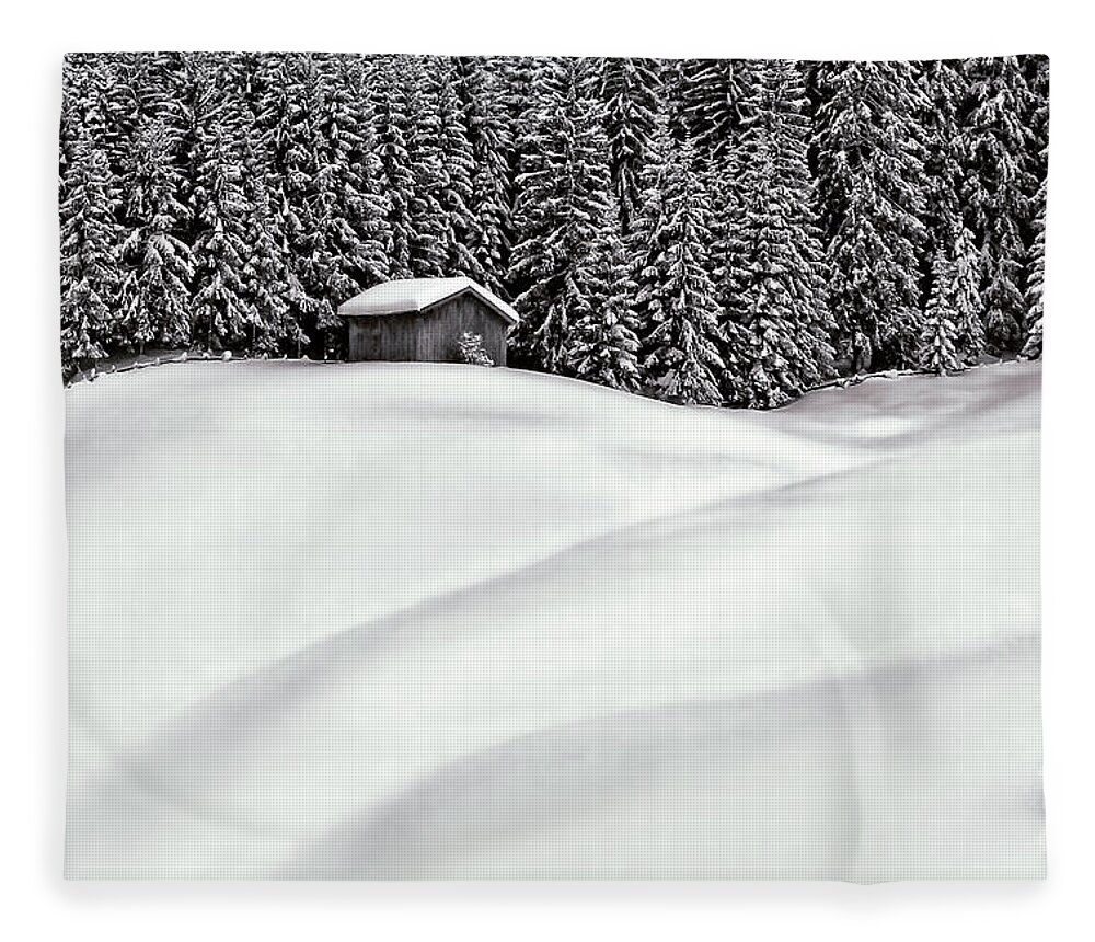 Home Warm Togetherness Together Separation Snow Snowdrifts Waves Beauty Beautiful Delightful Protected Hut House Heaven Single Lonely Serenity One Two Fir Tree Forest Forestry Winter Cold Freezing Cool Christmas New Year Greeting Card Celebration Vocation Still Abandoned Isolated B&w Black White Mono Painterly Pastel Delicate Subtle Gentle Atmospheric Aesthetic Artistic Art Interactions Thoughtful Landscape Poetic Romantic Magic Cabin Little Minimalism Solitude Stylish Evocative Impressionism Fleece Blanket featuring the photograph Home Warm Home by Tatiana Bogracheva