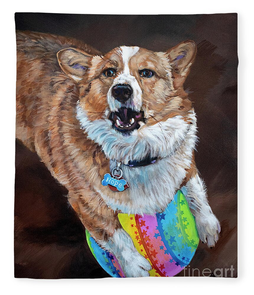 Corgi Fleece Blanket featuring the painting Hope and her Ball - pet portrait by Annie Troe