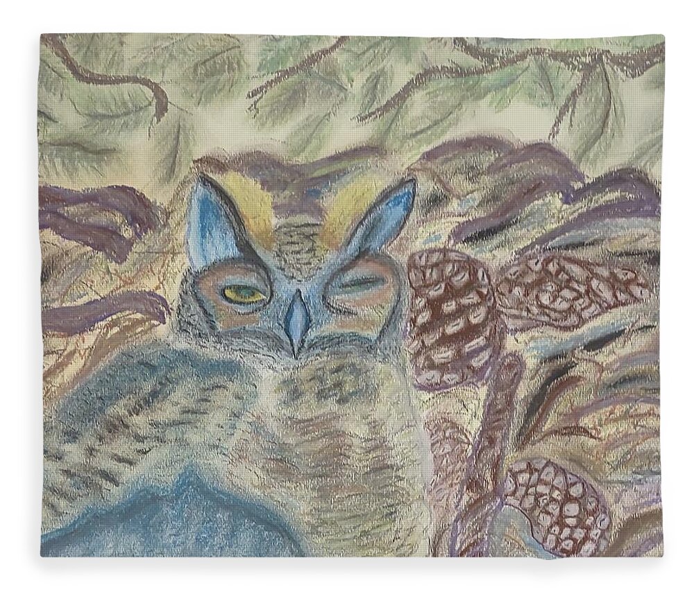 Horned Owl Fleece Blanket featuring the pastel Horned Owl Nesting by Suzanne Berthier
