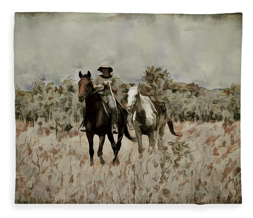 Horse Riding Fleece Blanket featuring the mixed media Horse Power Mustering With A Spare by Joan Stratton