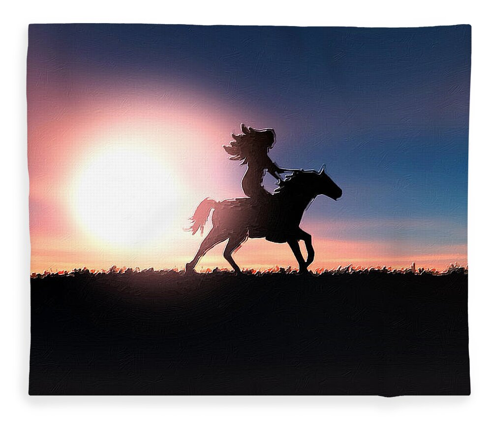 Horse Fleece Blanket featuring the painting Horse Rider Sunset The West by Tony Rubino