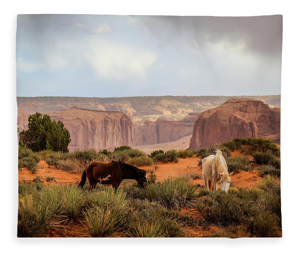 Monument Valley Fleece Blanket featuring the photograph Horses in Monument valley by Alberto Zanoni