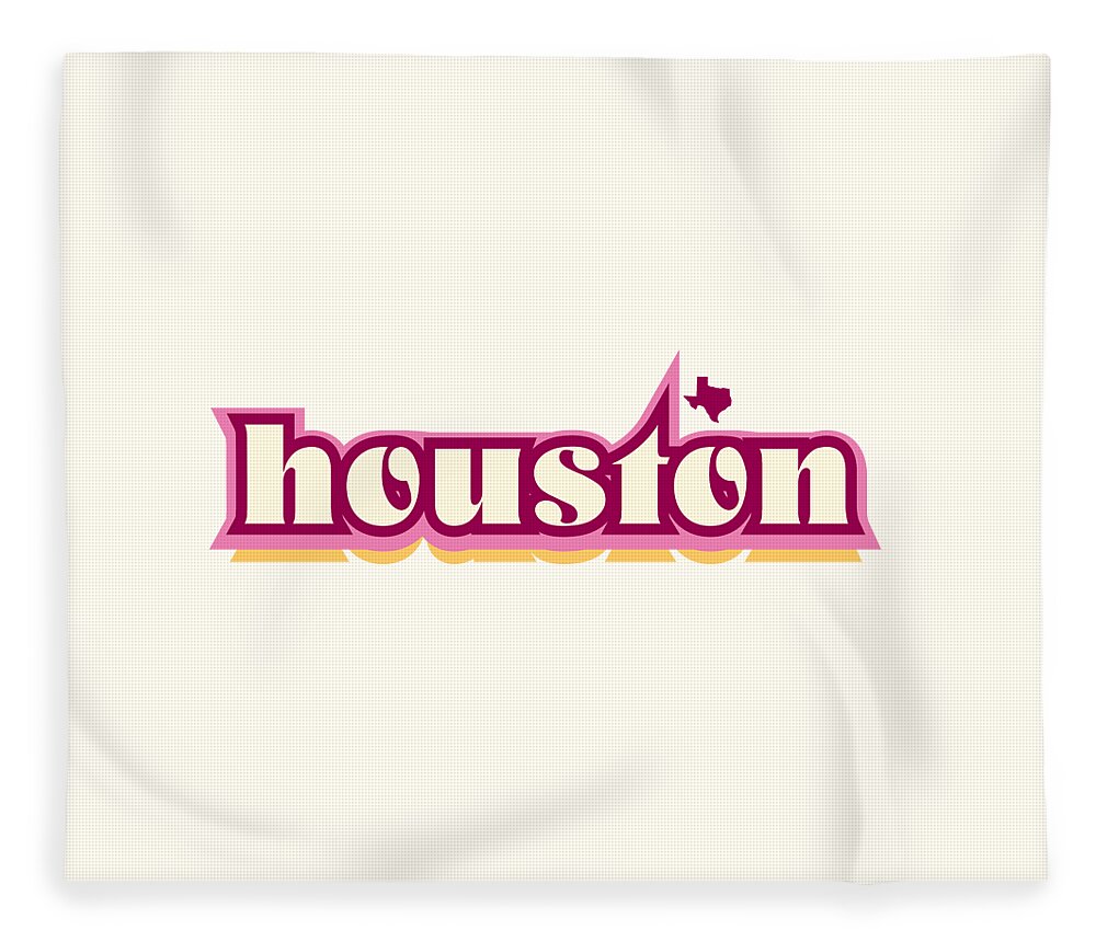 Jan M Stephenson Designs Fleece Blanket featuring the digital art Houston Texas - Retro Name Design, Southeast Texas, Pink, Maroon, Yellow by Jan M Stephenson