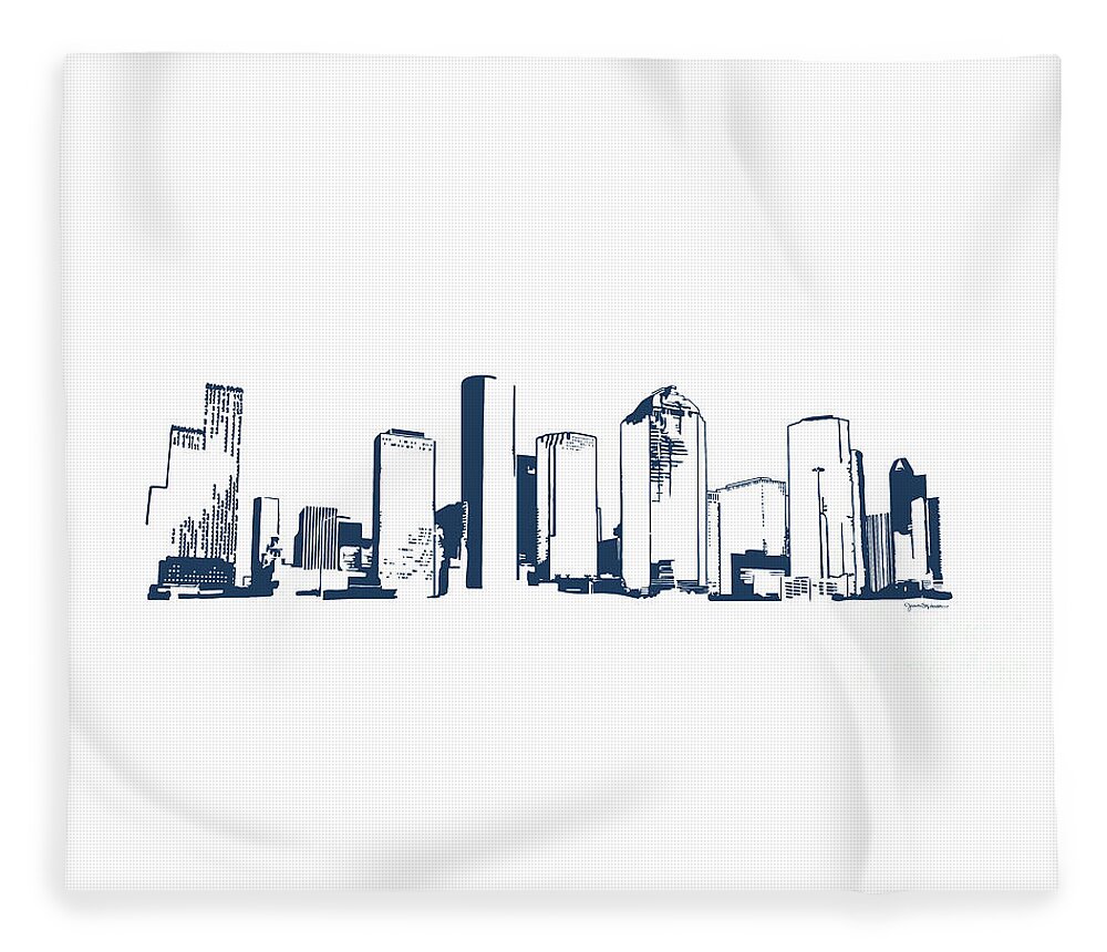 Jan M Stephenson Designs Fleece Blanket featuring the digital art Houston, Texas Skyline, Navy - Line Art by Jan M Stephenson