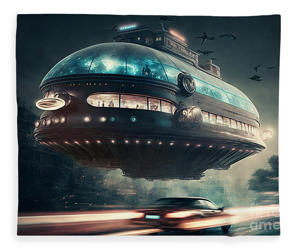 Hovering Ufo Fleece Blanket featuring the mixed media Hovering UFO VIII by Jay Schankman