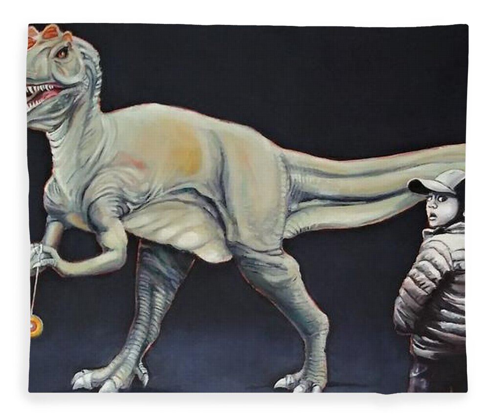 Dinosaur Fleece Blanket featuring the painting How My Brother Lost His Yo-Yo by Jean Cormier