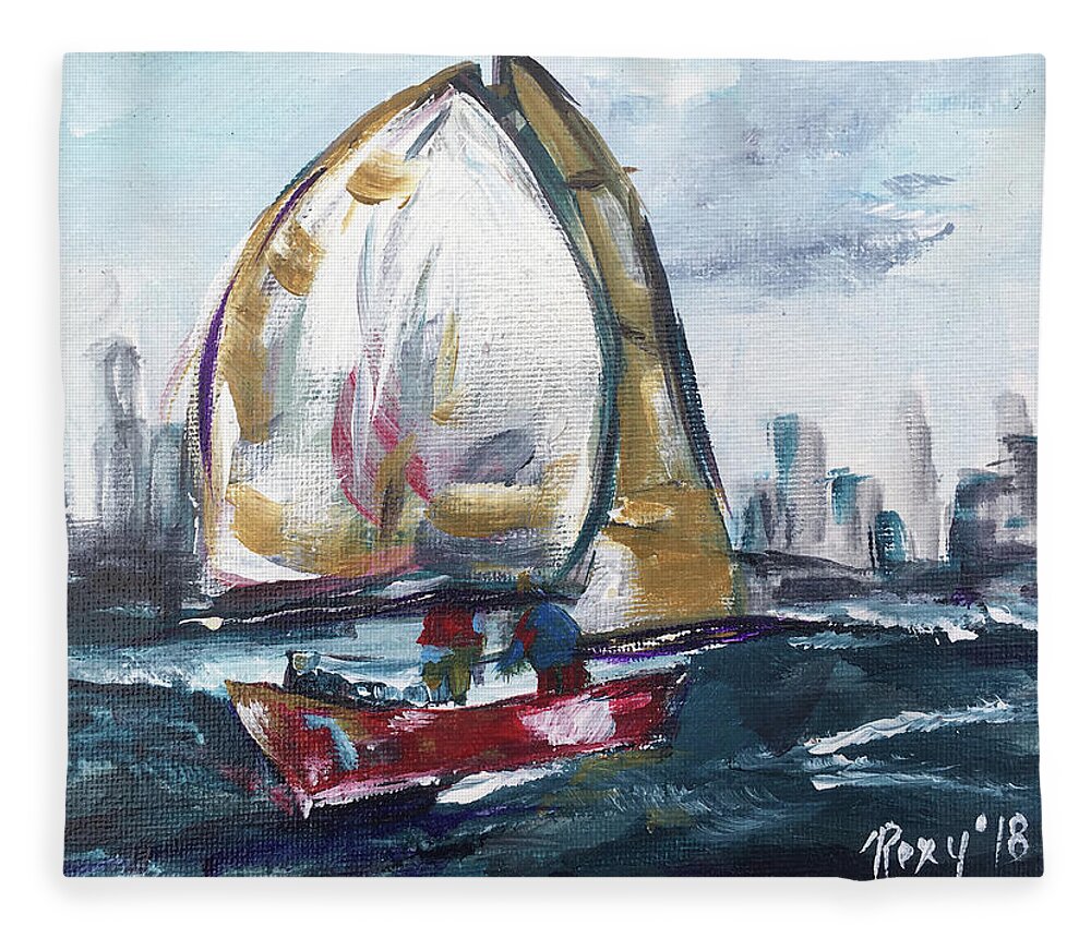 Big Sail Fleece Blanket featuring the painting Hudson Sailing by Roxy Rich