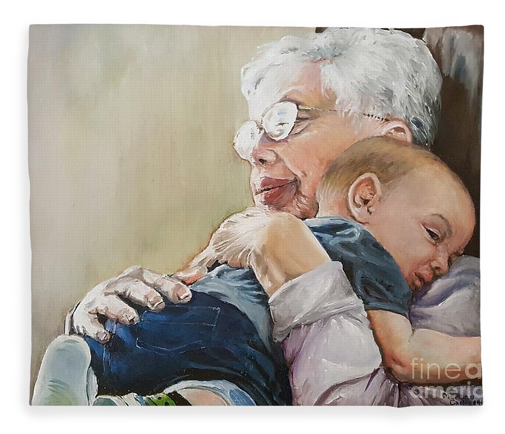 Hug Fleece Blanket featuring the painting Hugs from Great Grandma by Merana Cadorette