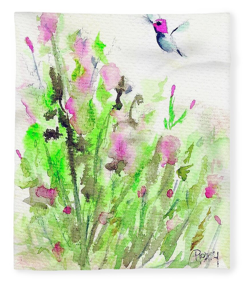 Hummingbird Fleece Blanket featuring the painting Hummingbird in the Red Salvia by Roxy Rich