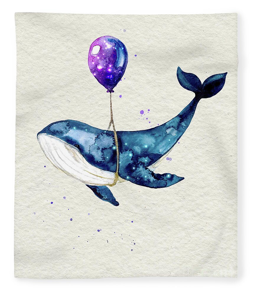 Humpback Whale Fleece Blanket featuring the painting Humpback Whale With Purple Balloon Watercolor Painting by Garden Of Delights