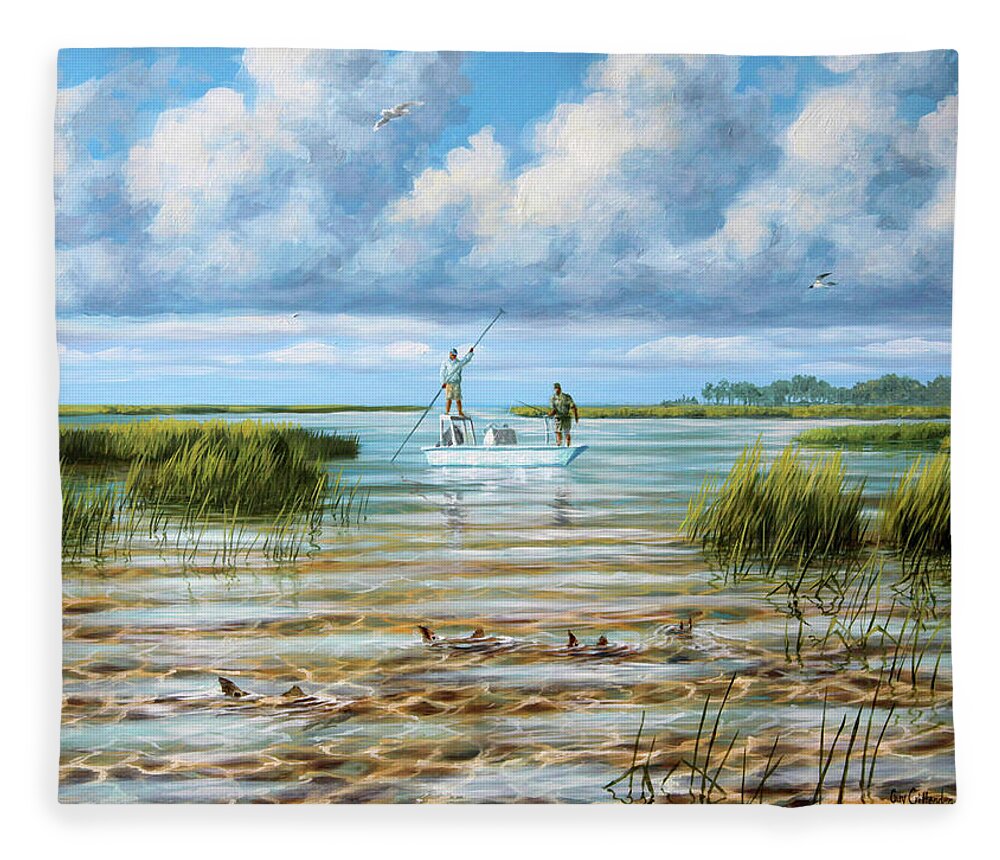 Redfish Fleece Blanket featuring the painting Hunting Reds by Guy Crittenden