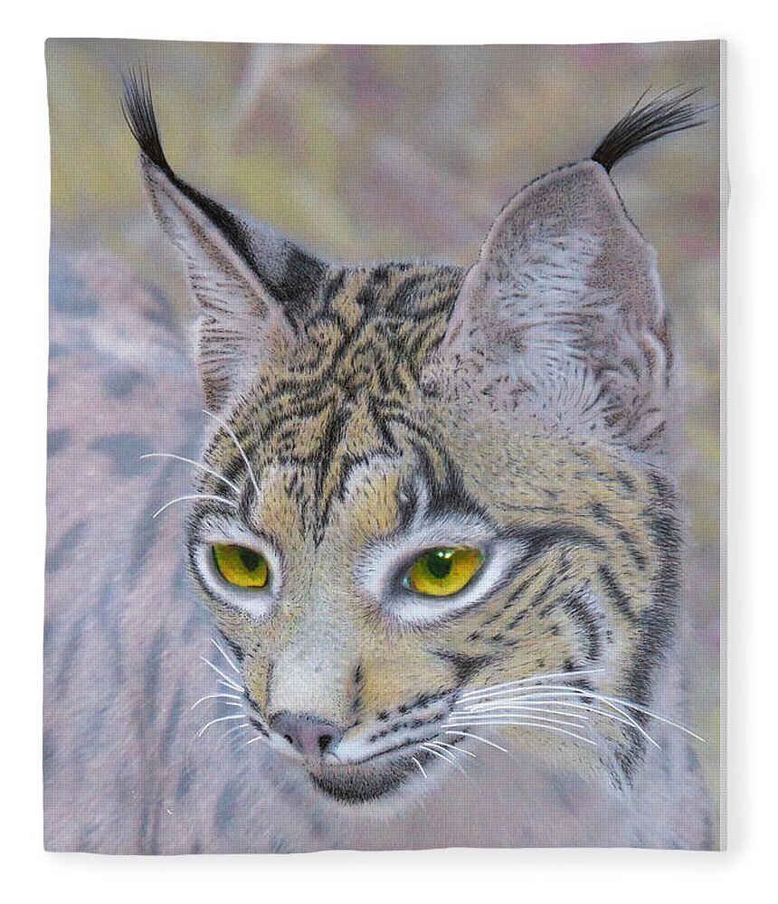 Lynx Fleece Blanket featuring the mixed media Iberian Lynx, mixed media. by Tony Mills