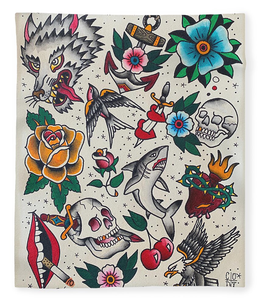 Iconic American Traditional Tattoos Fleece Blanket by Cody Pratt - Pixels