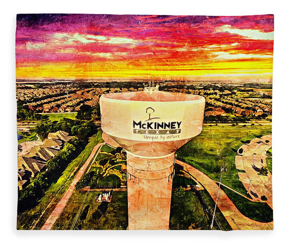 Water Tower Fleece Blanket featuring the digital art Iconic water tower in western McKinney, Texas, at sunset by Nicko Prints