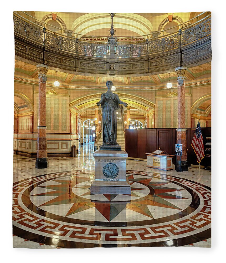 Illinois State Capitol Fleece Blanket featuring the photograph Illinois State Capitol - Illinois Welcoming the World Statue by Susan Rissi Tregoning