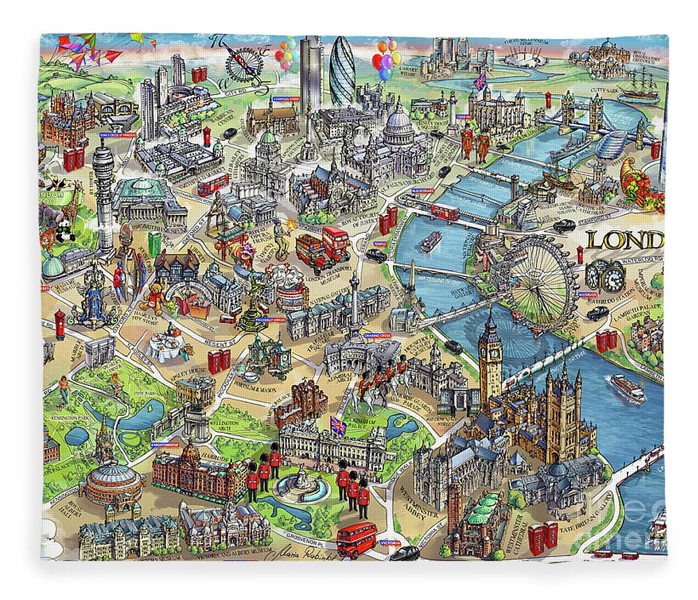 London Map Fleece Blanket featuring the painting Illustrated Map of London by Maria Rabinky