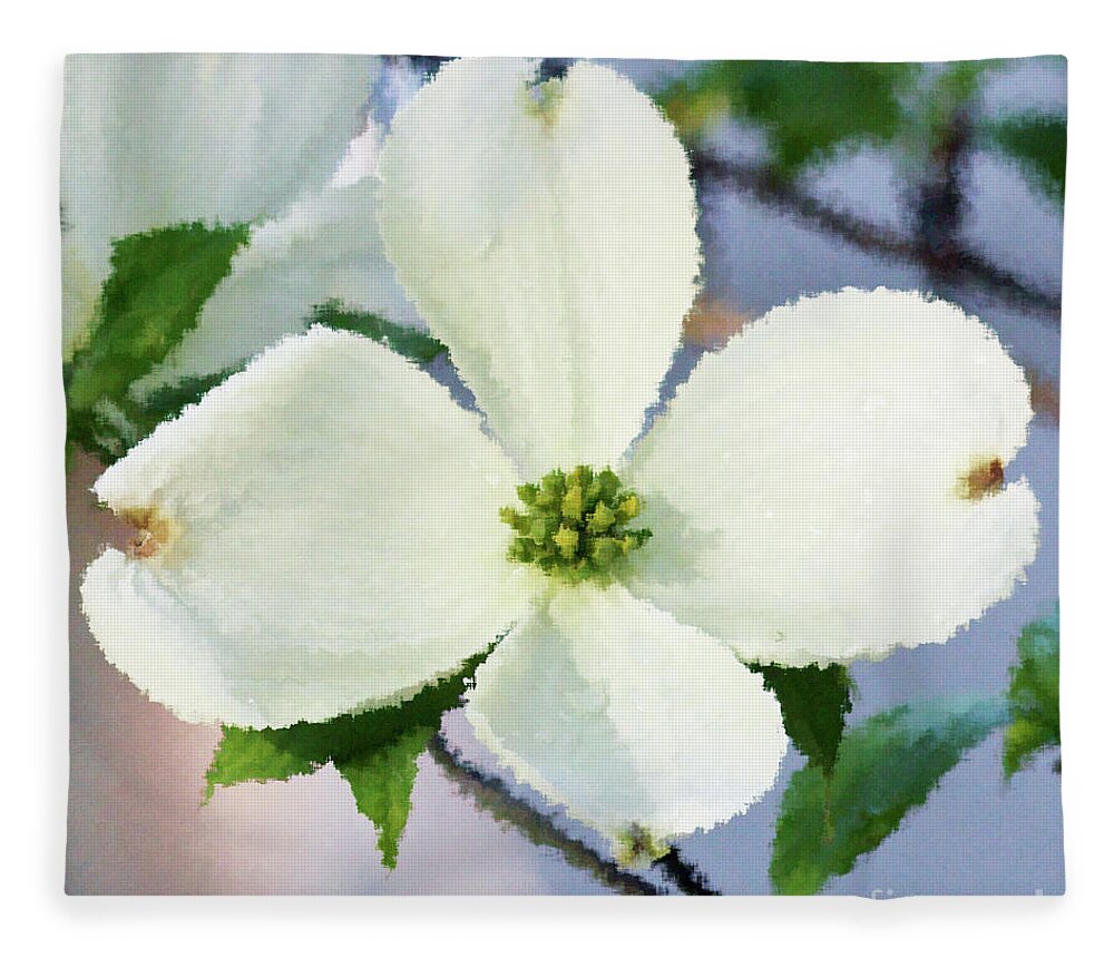 Dogwood; Dogwood Blossom; Blossom; Flower; Impressionist; Macro; Close Up; Petals; Green; White; Blue; Calm; Square; Pastel; Leaves; Tree; Branches Fleece Blanket featuring the digital art Impression Dogwood 3 by Tina Uihlein