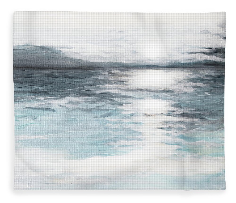 Impressionist Impressionistic Ocean Sunrise Soft Teal Indigo Blue White Reflection Fleece Blanket featuring the painting Impression by Pamela Schwartz