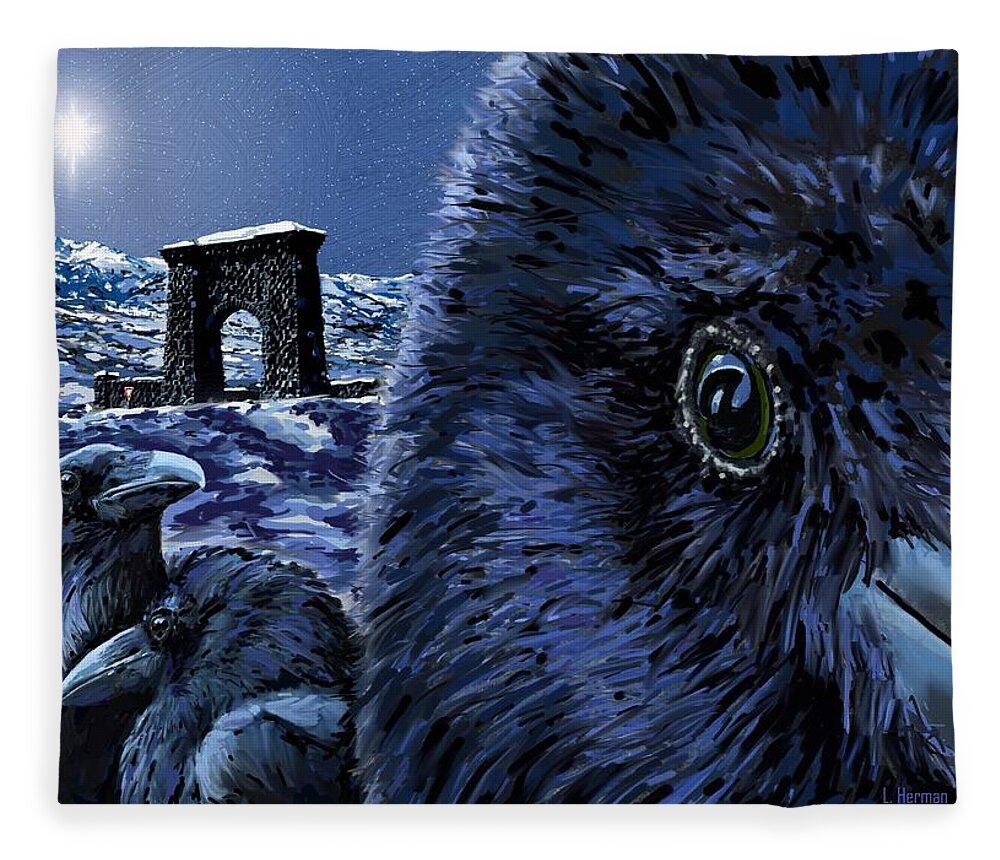 Raven Fleece Blanket featuring the digital art In the Eye of the Raven by Les Herman