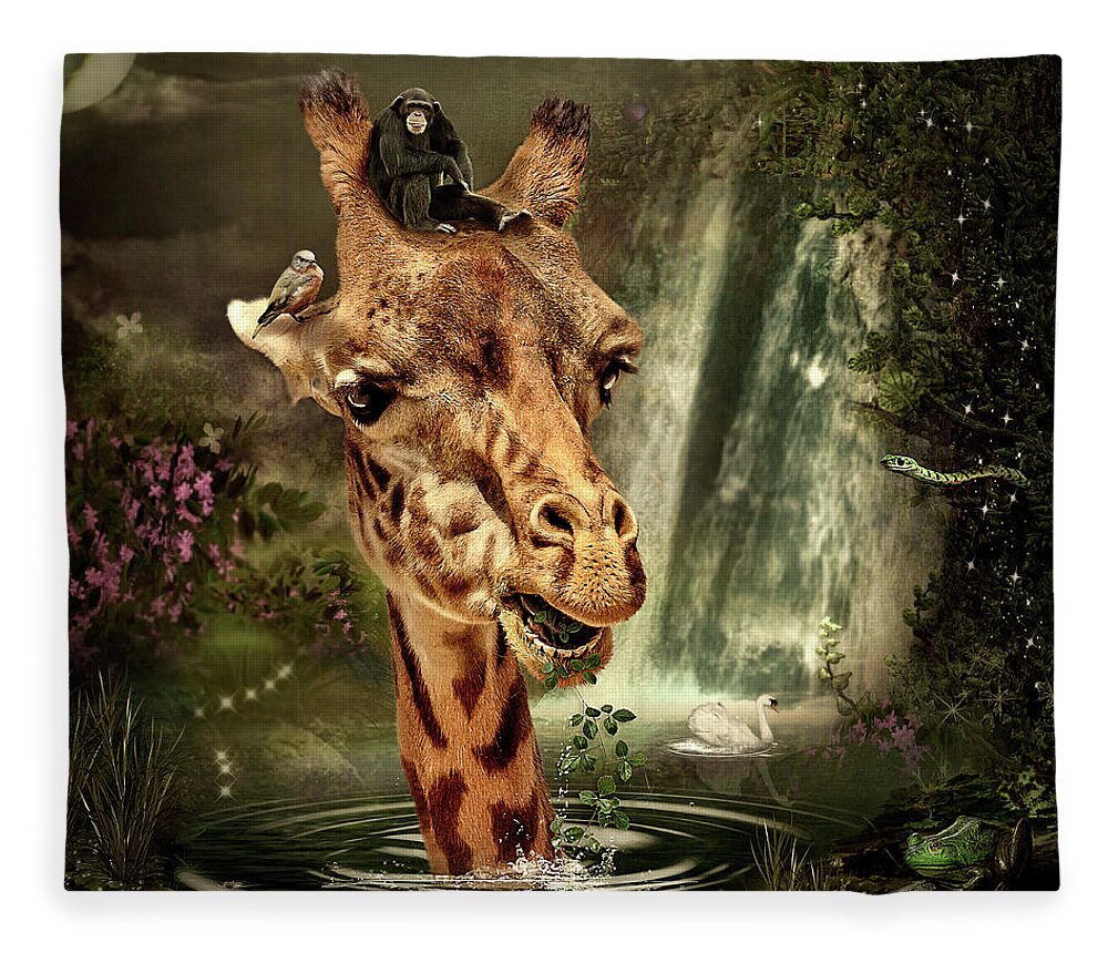 Giraffe Fleece Blanket featuring the digital art In the Lake by Maggy Pease