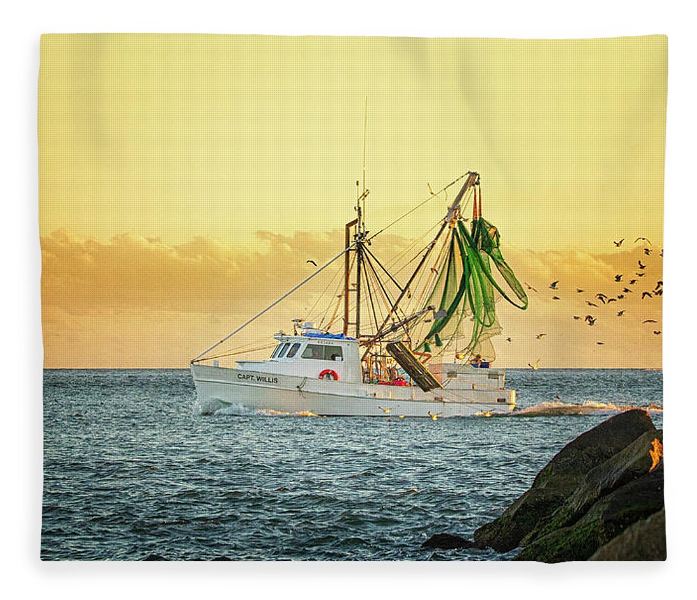 Shrimp Boat Fleece Blanket featuring the photograph Inbound Shripm Boat by Bob Decker
