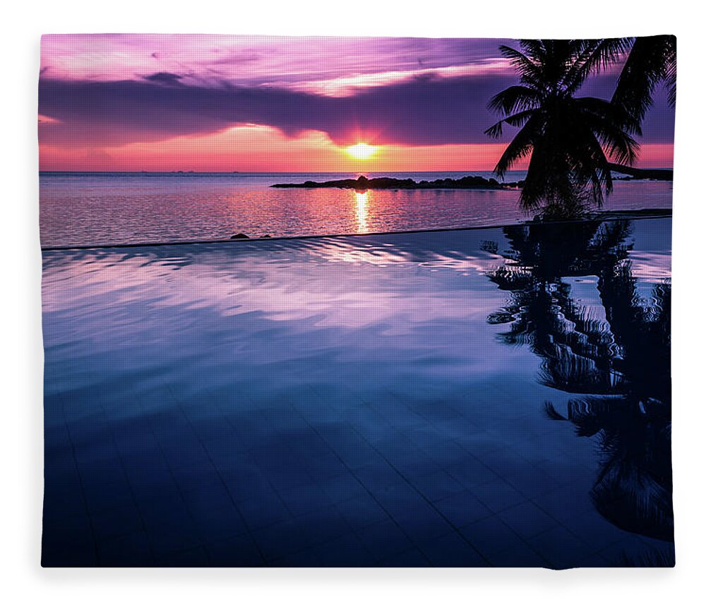 Infinity Pool Fleece Blanket featuring the photograph Infinity pool sunset Thai Restaurant Decoration by Josu Ozkaritz