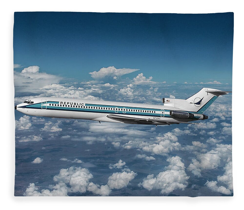 Republic Airlines Fleece Blanket featuring the mixed media Inflight View of a Republic Airlines Boeing 727 by Erik Simonsen