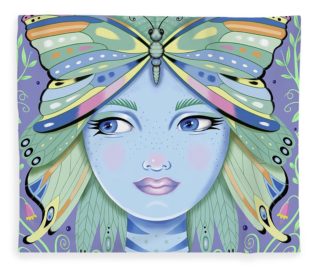 Fantasy Fleece Blanket featuring the digital art Insect Girl, Winga - Sq.Purple by Valerie White