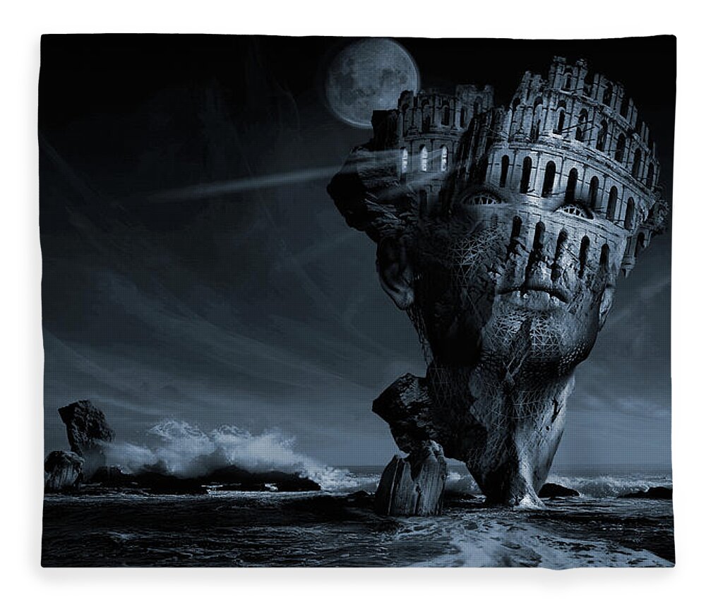 Romantic Idealistic Phantasmagoric Digital Poster Limited Edition Giclee Art Print Metaphorical Allegorical Symbolic. Horizon Sea Stone Rock Face Architecture Wave Landscape Scenery Philosophical Thoughtful Idealistic Art Surrealism Digital Picture Blue Photo-manipulation 3d Matte Painting Photography Surreal Surrealistic Fleece Blanket featuring the digital art Insomnia or Nocturnal Awakening by George Grie