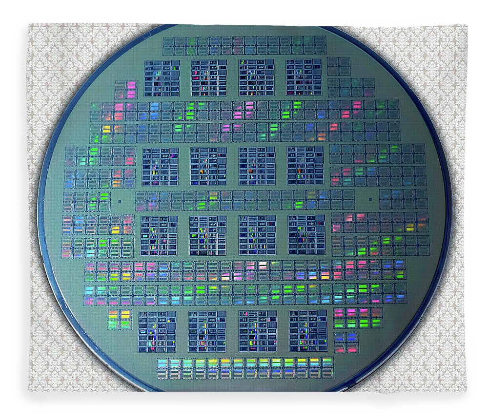 Intel Fleece Blanket featuring the photograph Intel 4001 ROM CPU Silicon Wafer Chipset Integrated Circuit, Silicon Valley 1971 by Kathy Anselmo
