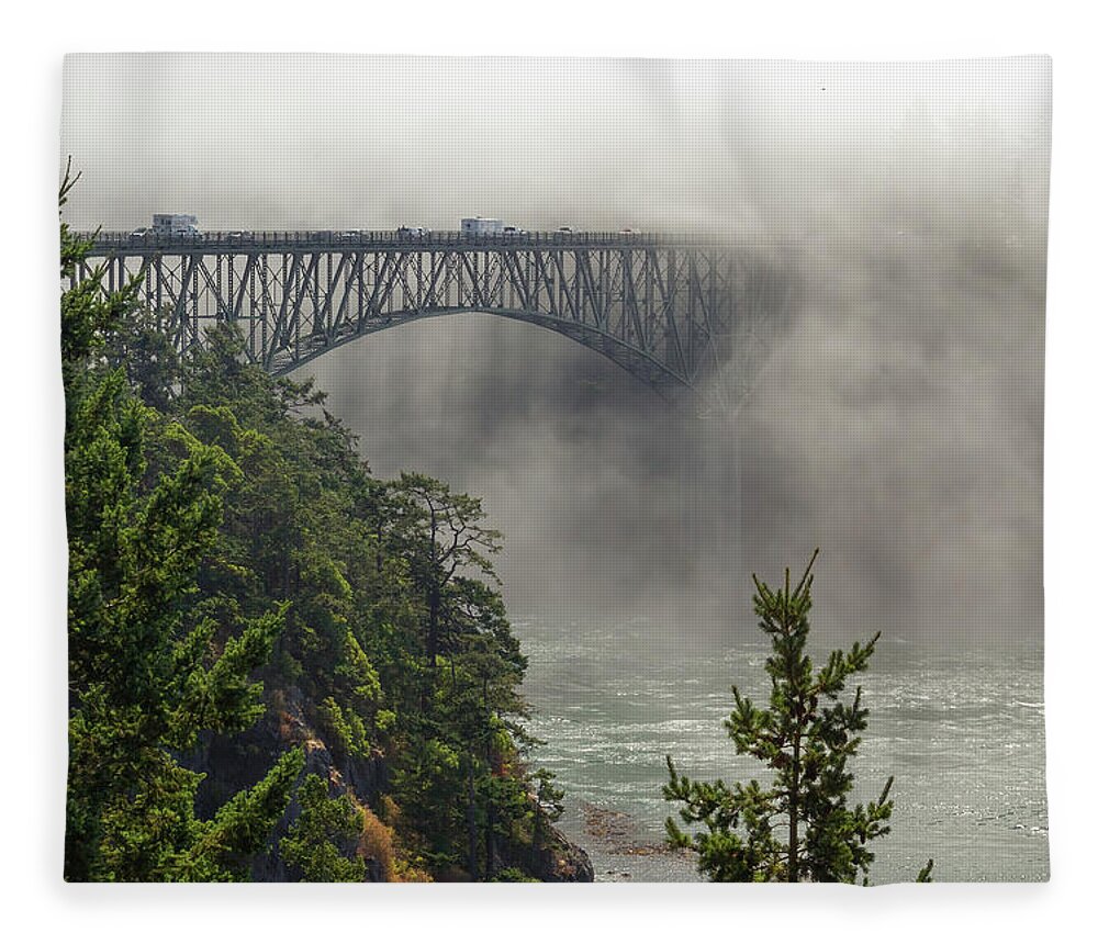 Deception Pass Fleece Blanket featuring the photograph Into The Mist by Michael Rauwolf