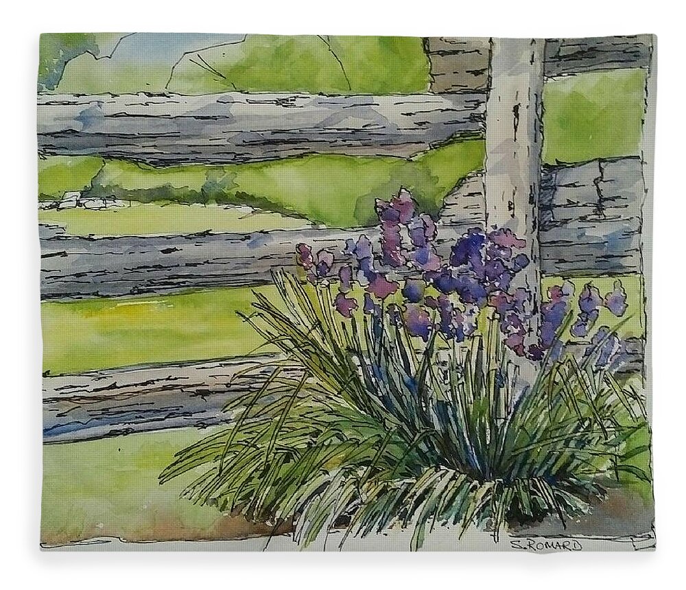 Rustic Garden Fleece Blanket featuring the painting Irises by Sheila Romard