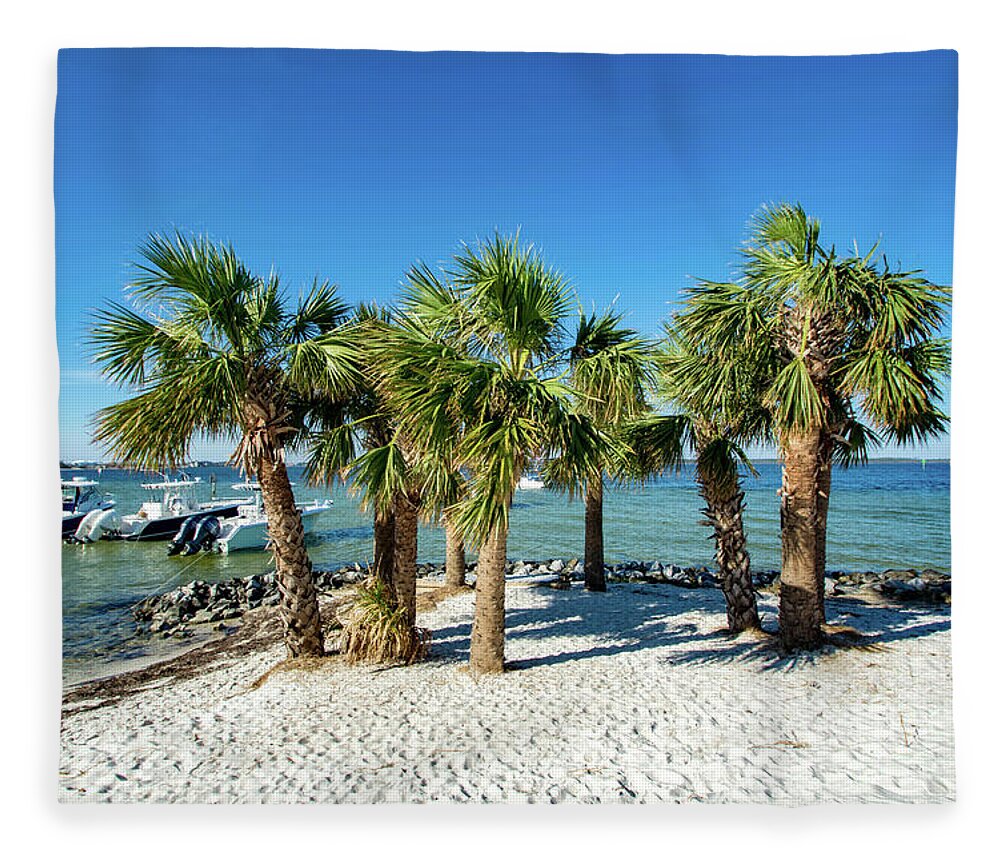 Island Fleece Blanket featuring the photograph Island Palm Trees and Boats, Pensacola Beach, Florida by Beachtown Views